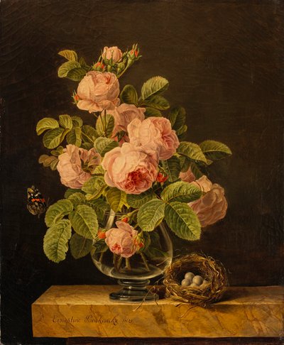 Eine Vase mit Rosen, einem Schmetterling und einem Nest auf einem Sims von Ernestine Panckoucke