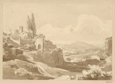 Landschaft in den Albanerbergen, auf der Anhöhe links ein Tor und eine Kirche von Ernst Fries