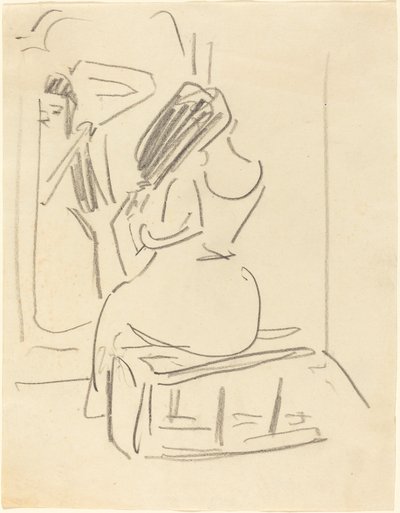 Eine Frau, die sich vor einem Spiegel die Haare kämmt von Ernst Ludwig Kirchner