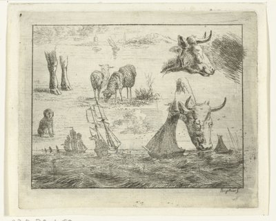 Studienblatt mit einem Meeresblick, zwei Kuhköpfen, Schafen, einem Hund und zwei Pfoten von Ernst Willem Jan Bagelaar