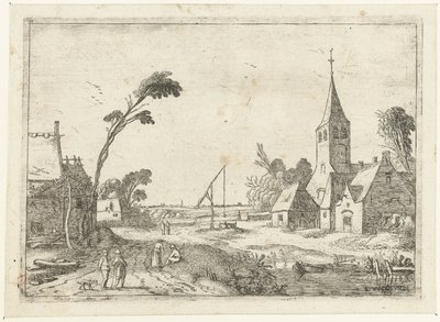 Dorfszene mit Bauernhöfen, Kirche und Brunnen (Liegende Landschaften) von Esaias van de Velde