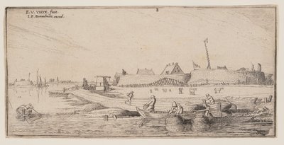 Fischer in Ruderbooten vor einer ummauerten Stadt, aus Landschaften von Esaias van de Velde