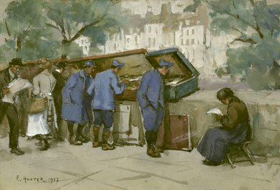 Französische Soldaten und Bouquinisten entlang der Seine, 1917 von Ethel Hunter