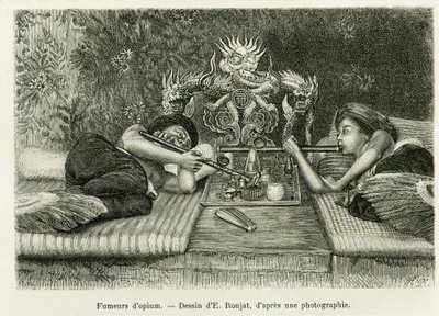 Opiumraucher. Gravur von E. Ronjat, nach einem Foto, zur Illustration der Geschichte „Dreißig Monate in Tonkin“ 1884, von Doktor Hocquard, in Le Tour du monde 1889, herausgegeben von Edouard Charton (1807-1890), Hachette, Paris. von Etienne Antoine Eugene Ronjat