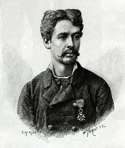 Porträt von Doktor Tautain, während der Expedition nach Afrika 1879-1882, unter dem Kommando von Gallieni. Gravur von E. Ronjat, nach einem Foto, zur Illustration der Geschichte „Exploration des oberen Niger“ (heutiges Mali) von Kommandant Joseph Gallieni von Etienne Antoine Eugene Ronjat