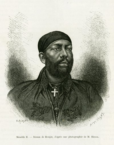 Porträt von Prinz Menelik II. von Äthiopien (1844-1913). Gravur von Ronjat, nach einem Foto, zur Illustration der Geschichte „Reise nach Choa (Südliches Abessinien)“ von Etienne Antoine Eugene Ronjat