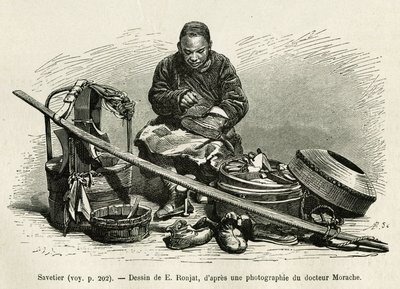 Der reisende Schuster repariert die Stiefel, aber auch die Geschirre der Wagen der hohen Beamten des Palastes, am Fuß des Orientalischen Blumentors des Kaiserpalastes in Peking. Gravur nach der Zeichnung von E. Ronjat, um die Reise nach Peking zu illustrie von Etienne Antoine Eugene Ronjat