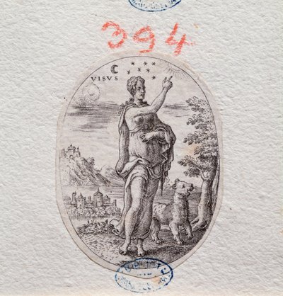 Allegorie des Sehens, eine Frau zeigt den Himmel (Gravur) von Etienne Delaune