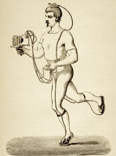 Läufer mit dem Apparat ausgestattet, der seine verschiedenen Schritte registrieren soll, aus Popular Science Monthly, veröffentlicht 1875 von Etienne Jules Marey