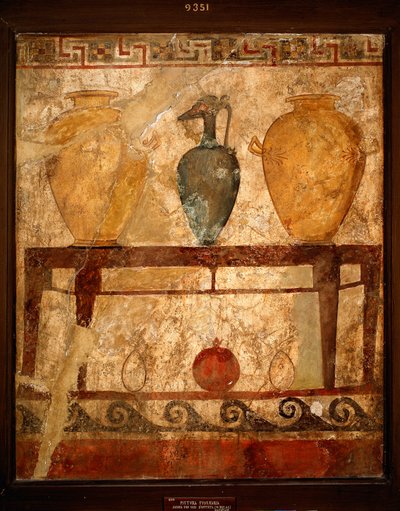 Etruskische Kunst: Tisch mit Vasen mit Opfergaben. Fresko aus dem Friedhof von Paestum. 4. Jahrhundert v. Chr. Museo Archeologico Nazionale, Neapel, Italien von Etruscan