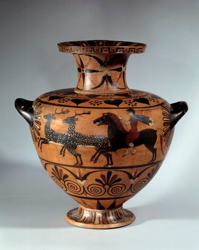 Keramische Hydrie mit schwarzen Figuren, genannt Caere. Vorderseite: Hirschjagd Rückseite: zwei Stiere galoppieren in entgegengesetzte Richtung. Ca. 540-530 v. Chr. Paris, Louvre von Etruscan Etruscan