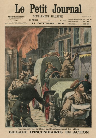Brigade von Brandstiftern bei der Arbeit, wie sie methodisch Städte in Brand setzen, Titelbildillustration aus 
