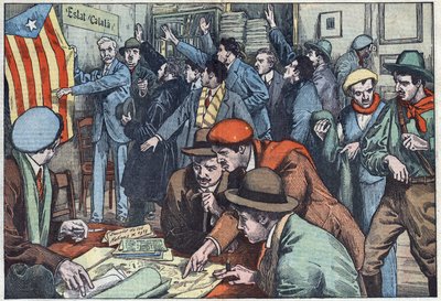 Katalanische Separatisten bereiten ihren Plan in Paris vor. Illustration von Damblans. In „Le Pelerin“ vom 28. November von Eugene Damblans