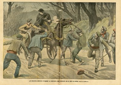 Illustration von Eugene Damblans (1865-1945) in Le Pelerin, 31/01/04 - Landwirtschaftliche Streikende greifen den Verwalter eines Anwesens von M. Sere de Riviere an von Eugene Damblans