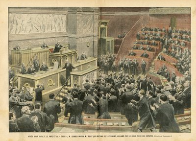 Illustration von Eugene Damblans (1865-1945) in Le Pelerin, 06/11/04 - Nach der Beleidigung des Papstes und des Kreuzes beleidigte M. Combes M. Ribot, der vom Podium abstieg und von zwei Dritteln der Abgeordneten bejubelt wurde von Eugene Damblans