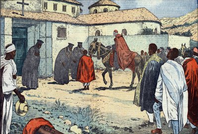Monsignore Lepicier vom Orden der Diener Mariens, Erzbischof von Tarsus, wurde im koptischen Kloster Debre-Bizen anlässlich eines apostolischen Besuchs in Abessinien (Äthiopien) empfangen. Illustration von Damblans. In „Le Pelerin“ vom 21. August von Eugene Damblans