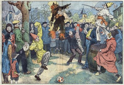 Alte Bräuche: die Verbrennung des „Karnevals“ am Abend des Faschingsdienstags (Mardi-Gras) symbolisiert die Freuden und guten Dinge, die an der Schwelle der Fastenzeit aufgegeben werden. Illustration von Damblans. In „Le Pelerin“ vom 16. März. von Eugene Damblans