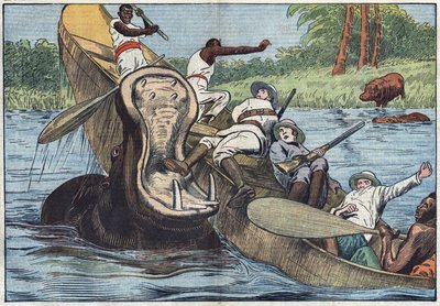 Auf dem Viktoriasee, Afrika, kentert ein Boot mit anglikanischen Missionaren und Einheimischen durch ein verwundetes Nilpferd. Illustration von Damblans. In „Le Pelerin“ vom 16. Mai von Eugene Damblans