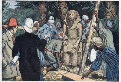 Die französische archäologische Mission entdeckt eine Statue des jugendlichen Sesostris III., die in den Louvre gebracht wird. Medamoud, altes Theben, Ägypten. Illustration von Damblans. In „Le Pèlerin“ vom 22. November von Eugene Damblans