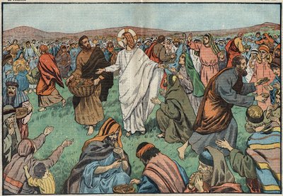 Die Brotvermehrung: am Ufer des Sees Tiberias sättigt Jesus Christus (Jesus Christus) die Bevölkerung, indem er fünf Gerstenbrote und zwei Fische vermehrt. Illustration von Damblans. In „Le Pelerin“ vom 18. März von Eugene Damblans