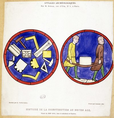Geschichte des Baus im Mittelalter: Faksimile von Glasfenstern aus dem 13. Jahrhundert, in der Kathedrale von Chartres - Zeichnung von Eugene Viollet-le-Duc (Viollet le Duc) (1814-1879) und mit mehreren maurerischen Symbolen von Eugene Emmanuel (after) Viollet le Duc