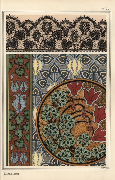 Cyclamen persicum Motiv in Mustern für Spitze, Tapeten und Stoffe von Eugene Grasset