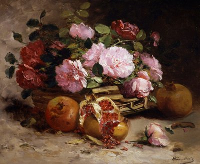 Stillleben mit rosa Rosen und Granatäpfeln von Eugene Henri Cauchois
