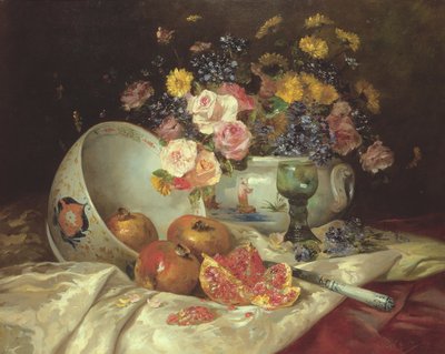Stillleben mit Blumen in einer chinesischen Vase mit Granatäpfeln von Eugene Henri Cauchois