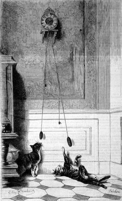 Zwei Kätzchen spielen mit einer Uhr. Illustration von Eugene Lambert. Gravur von Eugene Lambert