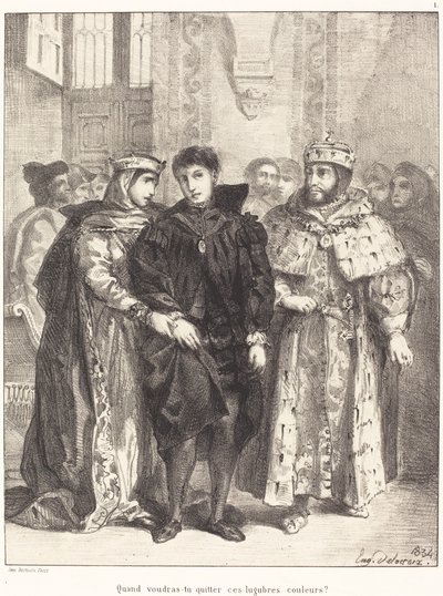 Die Königin versucht Hamlet zu trösten (Akt I, Szene II) von Eugène Delacroix