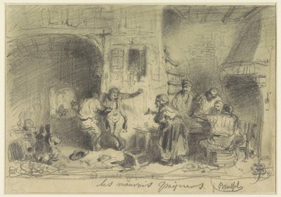 Wirtshausinterieur mit betrunkenen Besuchern, die sich weigern zu zahlen (Titel auf dem Objekt) von Eugène François de Block