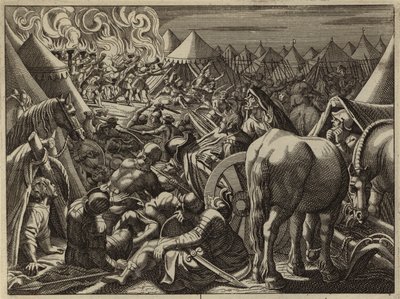 Angriff auf das Lager von Midian durch die 300 von Gideon ausgewählten Soldaten (Gravur) von European School