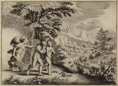 Vertreibung von Adam und Eva aus dem Garten Eden (Gravur) von European School