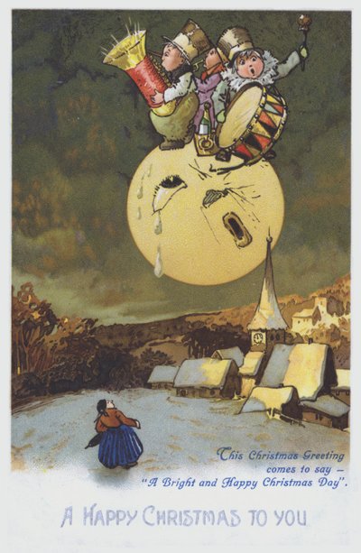 Weihnachtsgrußkarte mit einer Band von Musikern auf dem Mond über einer verschneiten Stadt von European School