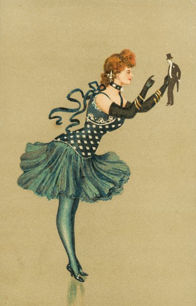Tänzerin, die eine kleine Figur eines Mannes hält von European School