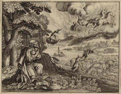Elisa beobachtet, wie sein Vater Elija von einem Wirbelwind in den Himmel getragen wird (Gravur) von European School