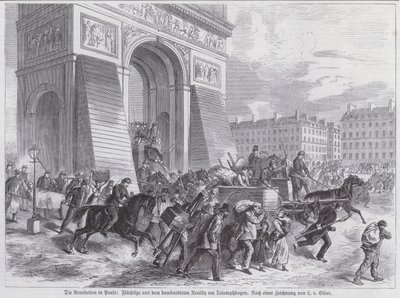 Flüchtlinge vor dem Bombardement der französischen Armee auf Neuilly passieren den Arc de Triomphe, Pariser Kommune, April 1871 von European School