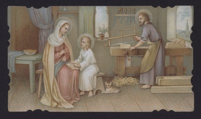 Jesus Christus als Junge mit seiner Mutter Maria in Josephs Tischlerwerkstatt von European School
