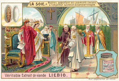 Mönche bringen die ersten Seidenkokons zu Kaiser Justinian nach Konstantinopel von European School
