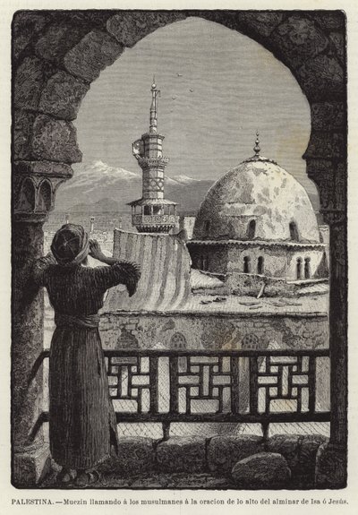 Palästina, Muezzin ruft die Muslime zum Gebet vom Minarett von Isa oder Jesus von European School