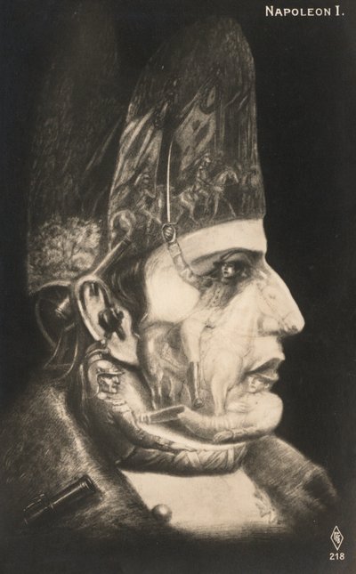 Porträt von Napoleon Bonaparte, mit Szenen seiner Schlachten auf Gesicht und Hut gezeichnet von European School