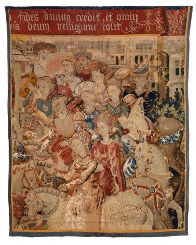 Wandteppichfragment mit Damen und Herren zu Pferd, oder Paris kehrt mit Helena zurück, oder Die Rückkehr von der Kampagne von European School