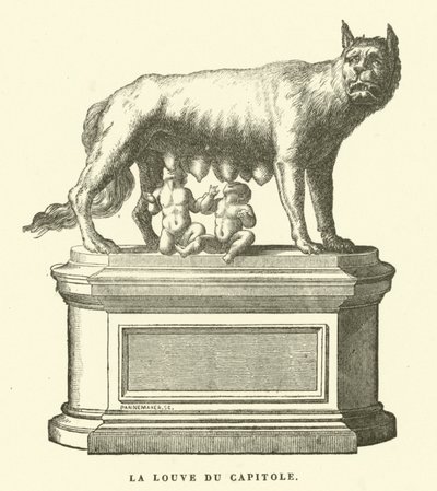 Die kapitolinische Wölfin, Bronzeskulptur, die die Wölfin zeigt, die Romulus und Remus, die Zwillingsgründer Roms, säugt von European School