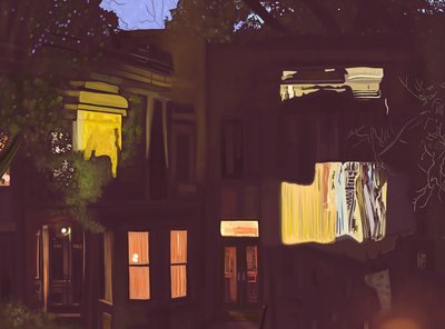 Brownstones bei Nacht, ca. 2020-24 von Evan Sklar