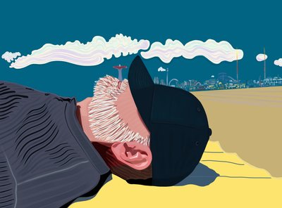 Mann mit Bart am Coney Island Strand von Evan Sklar