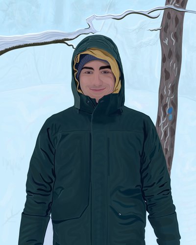 Junger Mann in grüner Parka im Schnee von Evan Sklar