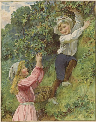 Ein junges Mädchen und ein junger Junge pflücken Brombeeren von Eveline Lance