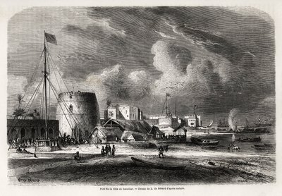 Hafen der Stadt Sansibar (heutiges Tansania), Zeichnung von Evremond de Berard (1824-1881), zur Illustration der Reise von Captain Burton zu den Großen Seen Ostafrikas in den Jahren 1857-1859. Gravur in „Le tour du monde, nouveau journal des voyages“ Paris von Evremond de (after) Berard