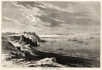 Ansicht von Tanger (Marokko), Zeichnung von Evremond de Berard (1824-1881), zur Illustration der Reiseberichte von M.F. Schickler nach Marokko. Gravur in „Le tour du monde, nouveau journal des voyages“ Paris von Evremond de (after) Berard