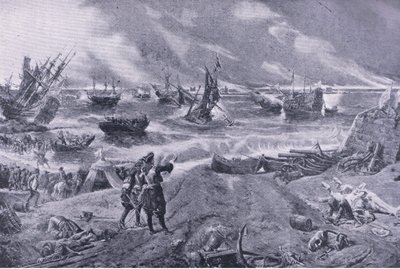 Jakob II. in der Schlacht von La Hogue, 23. Mai 1692, Illustration aus Britische Schlachten zu Land und zu Wasser, 1915 von Eyre Crowe